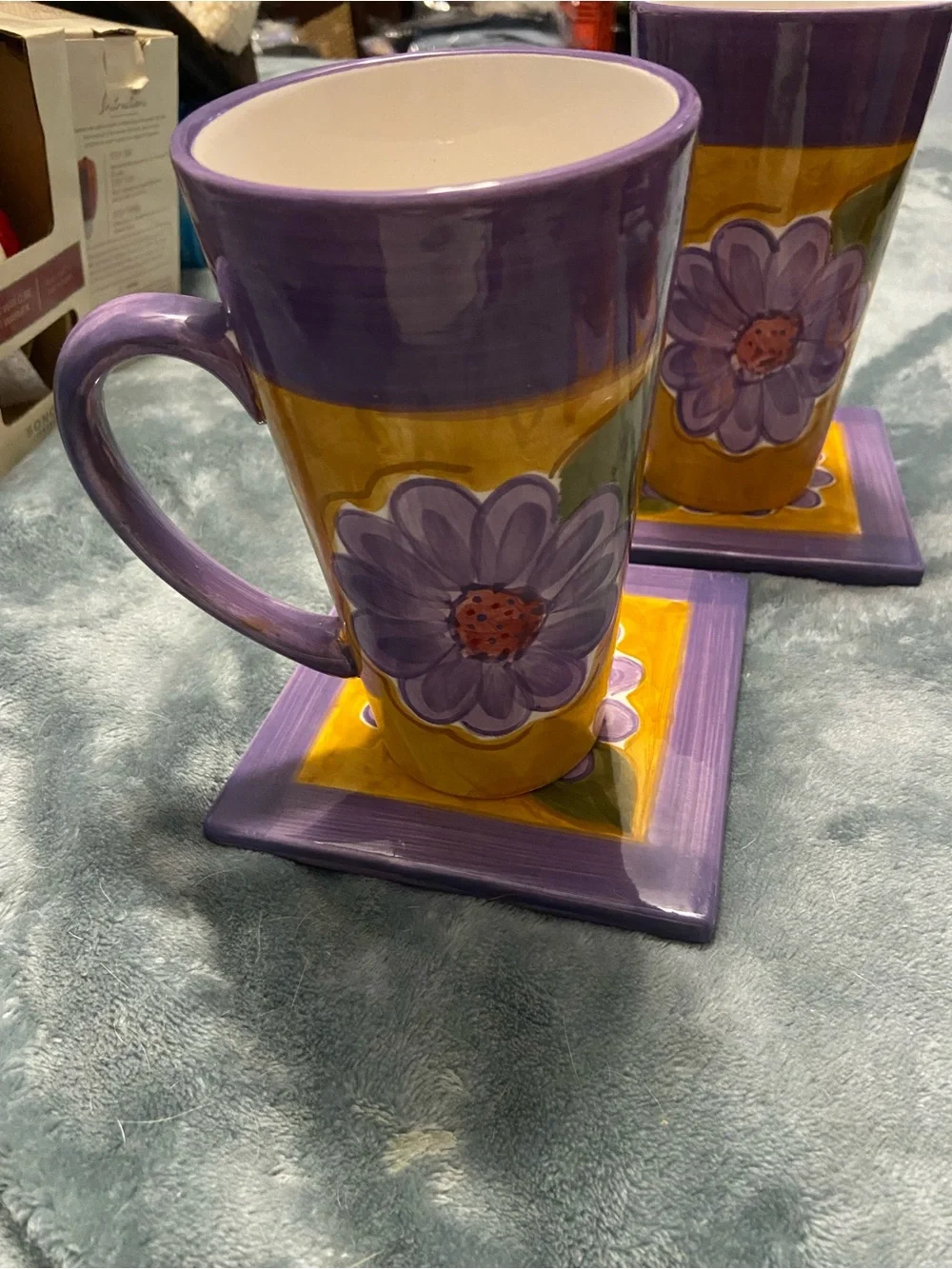 Classified Purple and Yellow Floral Ceramic Mug and Coaster Set - 4pc